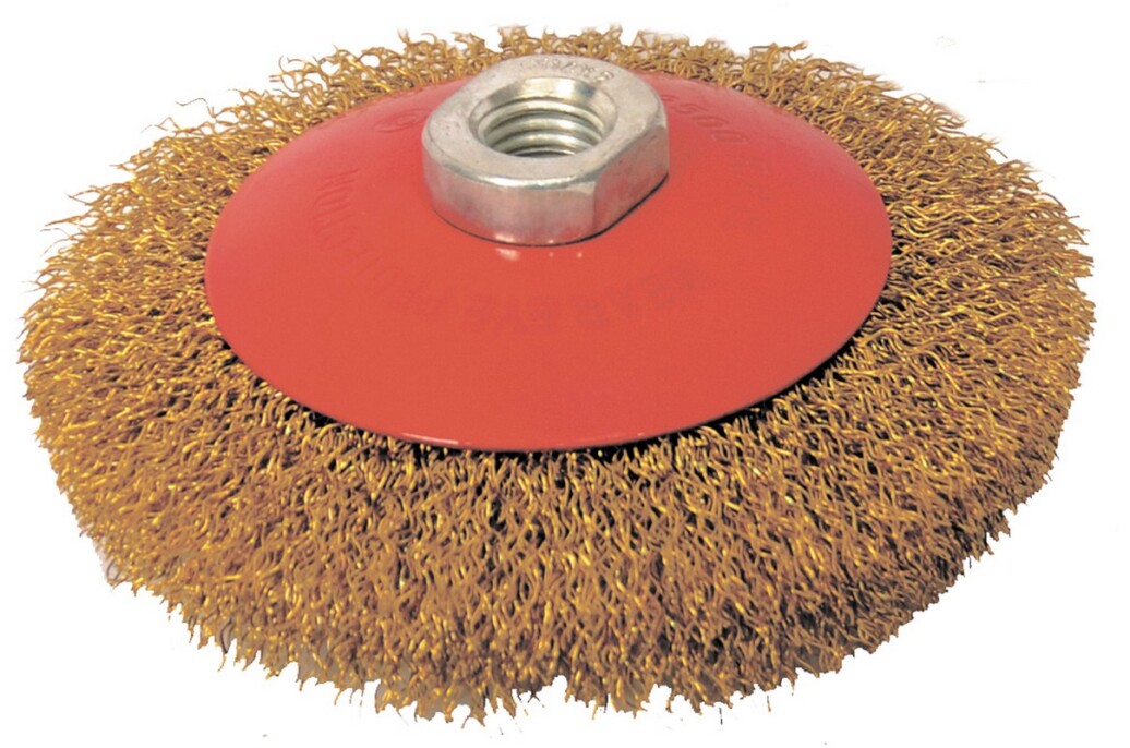 Cone brush made of corrugated brass wire D115 mm М14 MASTERTOOL 19-8111 фото 1